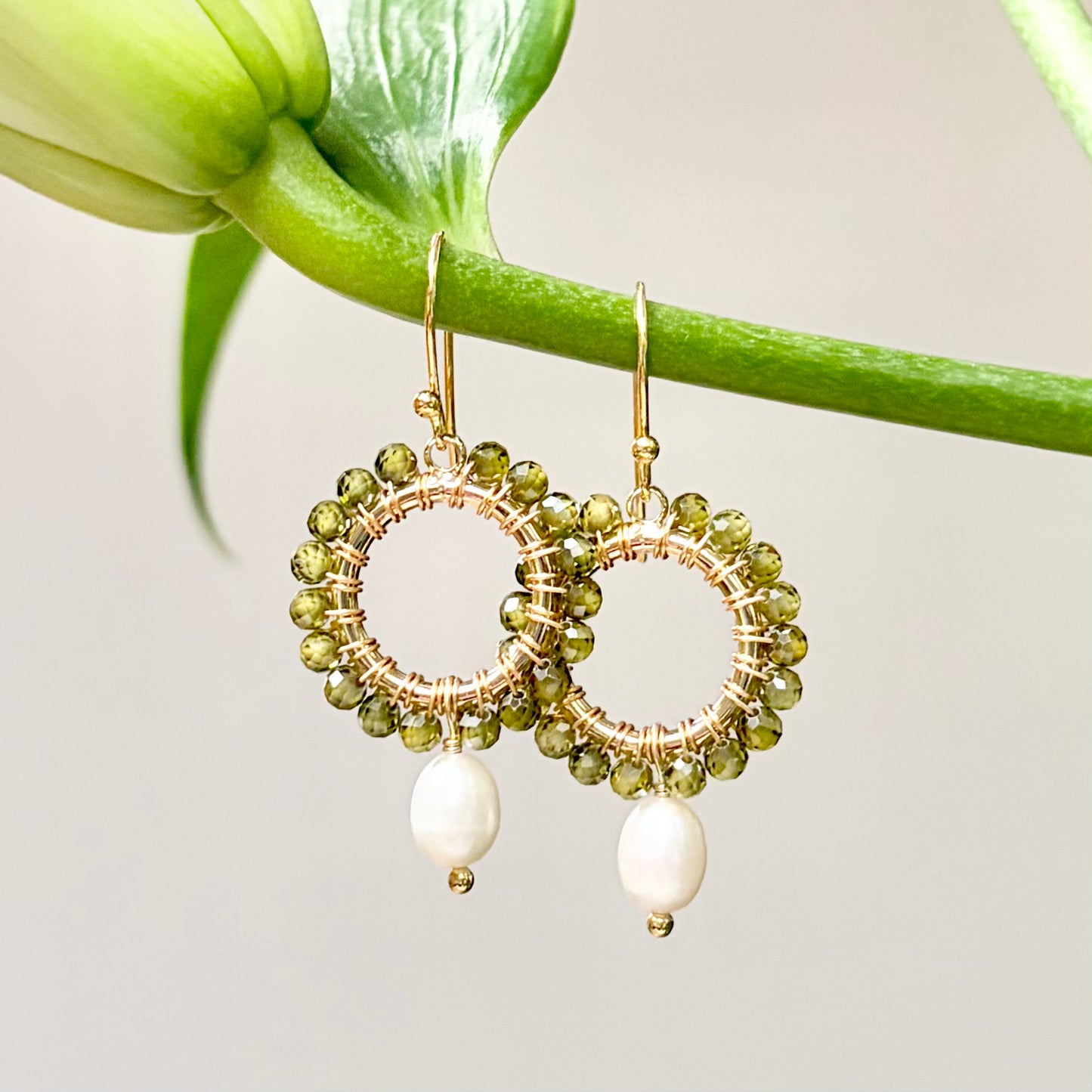 Olive Green Peridot Mini Round With Pearl Drop Beaded Earrings
