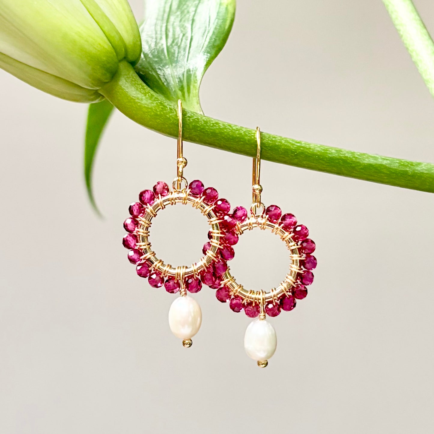 Fuchsia Pink Garnet Mini Round With Pearl Drop Beaded Earrings