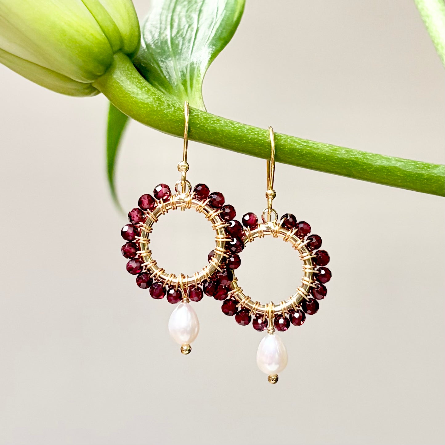 Burgundy Garnet Mini Round With Pearl Drop Beaded Earrings