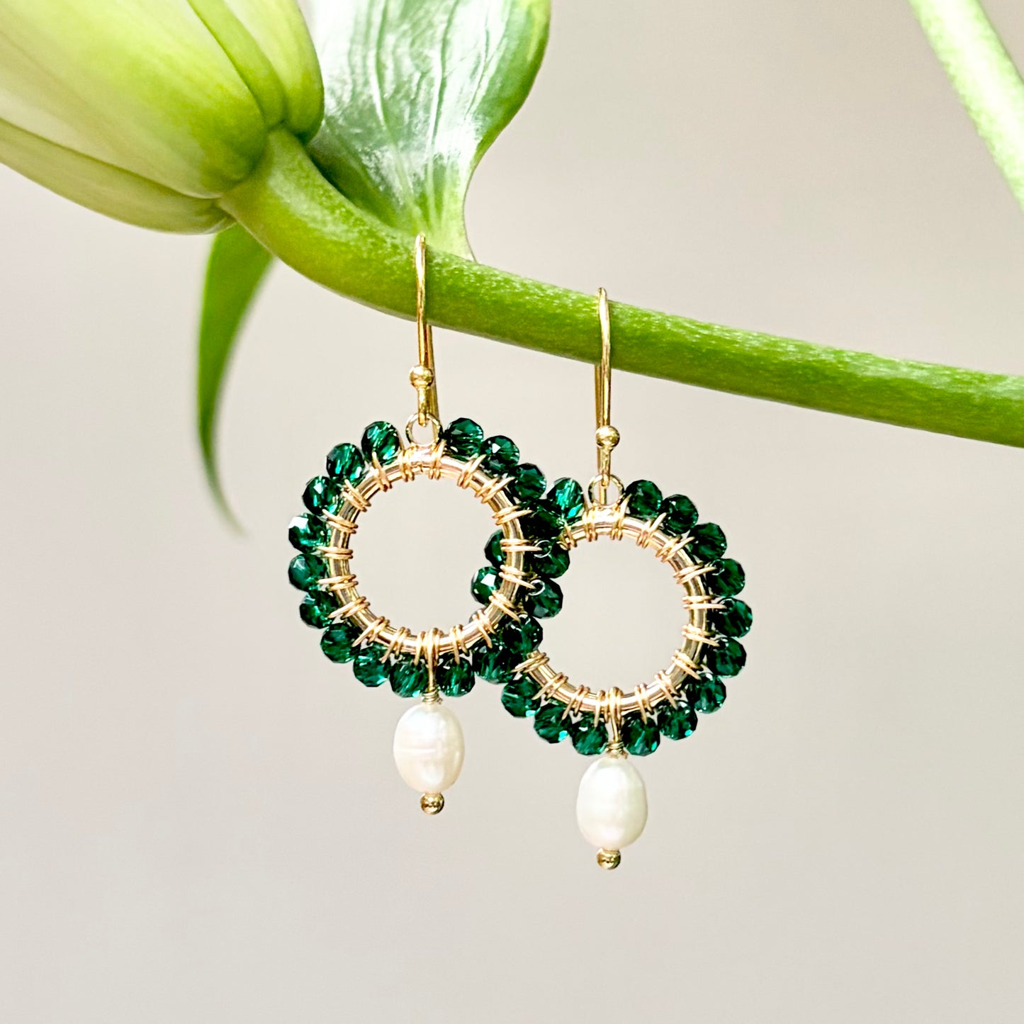 Emerald Green Jade Mini Round With Pearl Drop Beaded Earrings