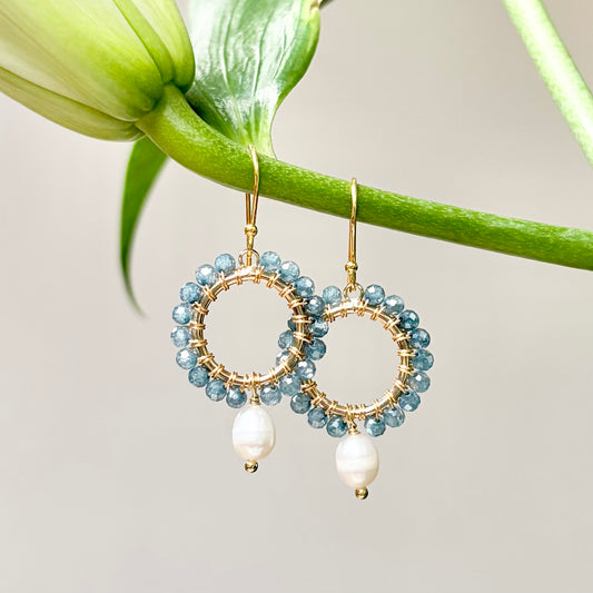 Denim Blue Azurite Mini Round With Pearl Drop Beaded Earrings