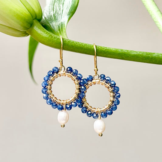 Oxford Blue Quartz Mini Round With Pearl Drop Beaded Earrings