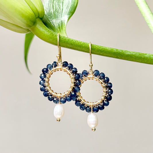 Dark Denim Blue Iolite Mini Round With Pearl Drop Beaded Earrings