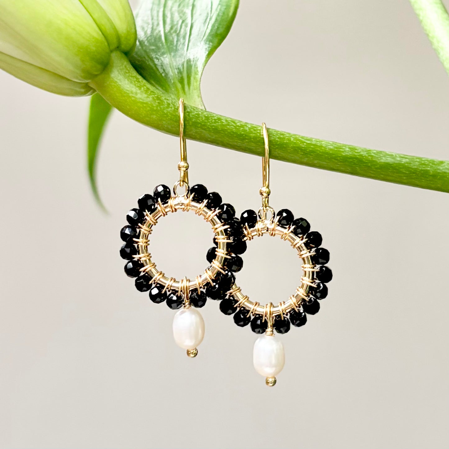 Black Onyx Mini Round With Pearl Drop Beaded Earrings