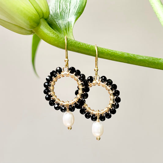 Black Onyx Mini Round With Pearl Drop Beaded Earrings