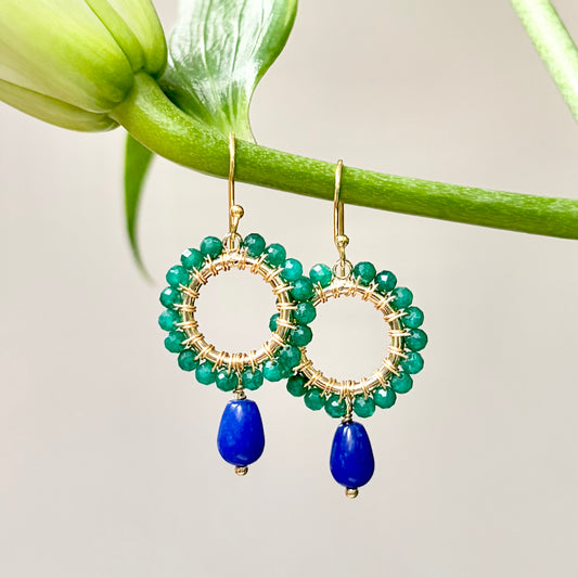 Apple Green Jade Mini Round With Royal Blue Agate Drop Beaded Earrings