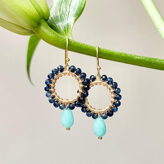 Dark Denim Iolite Mini Round With Seafoam Chalcedony Drop Beaded Earrings
