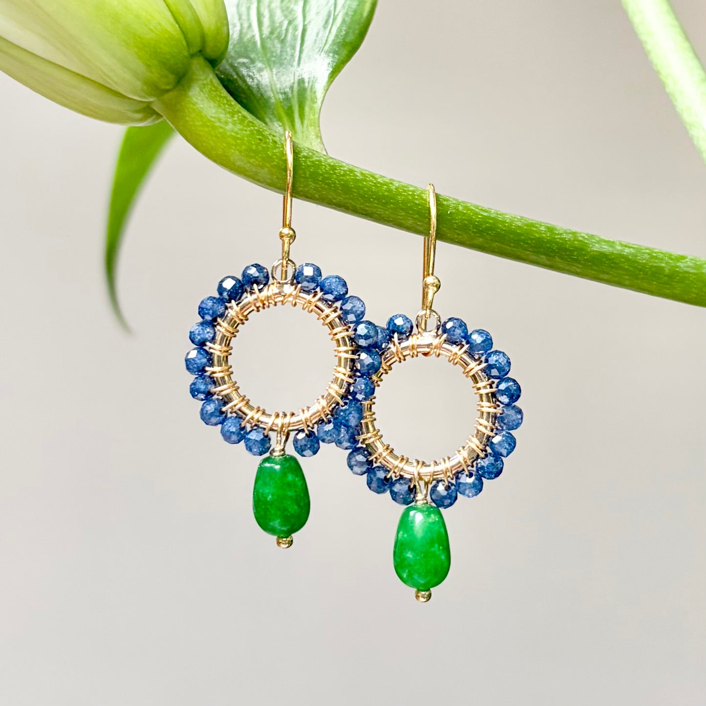 Oxford Blue Quartz Mini Round With Green Jade Drop Beaded Earrings