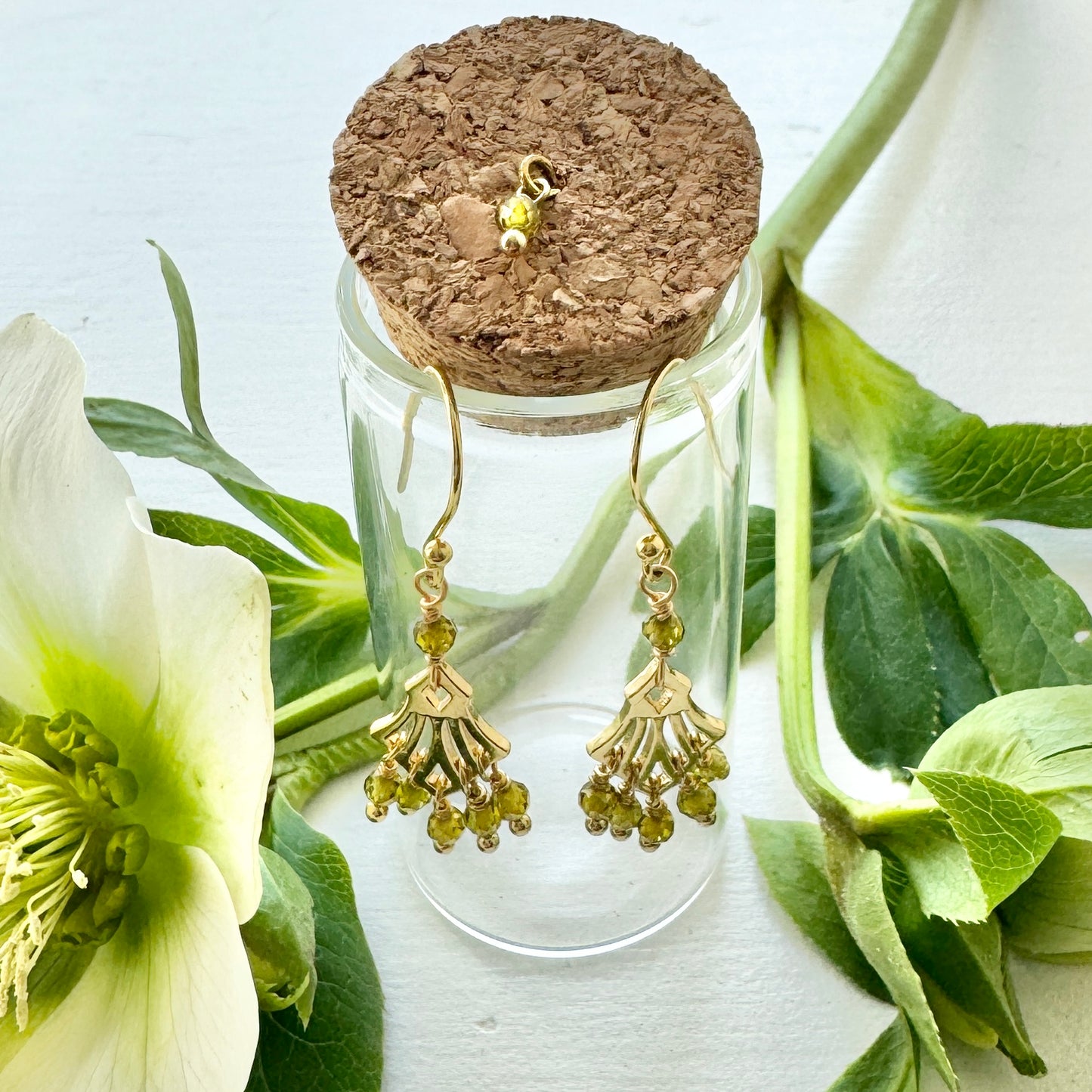 Boho Mid Olive Green Peridot Drop Earrings in Corked Tube