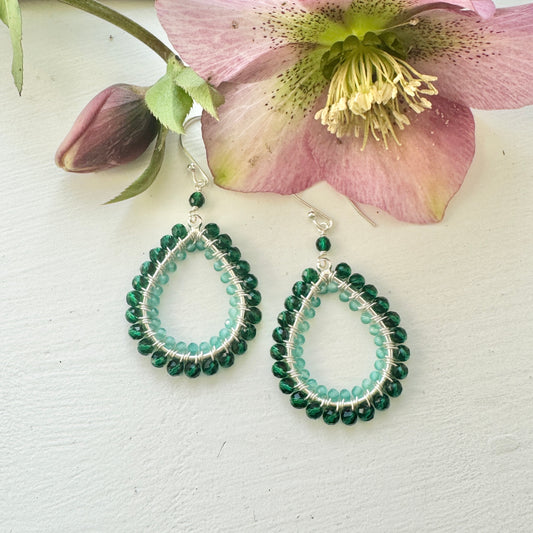 Emerald Green Jade & Mint Green Jade Double Beaded Midi Teardrop Earrings (Silver)