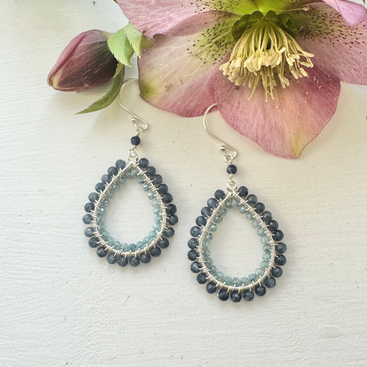Dark Denim Blue Iolite & Pale Denim Blue Double Beaded Midi Teardrop Earrings (Silver)