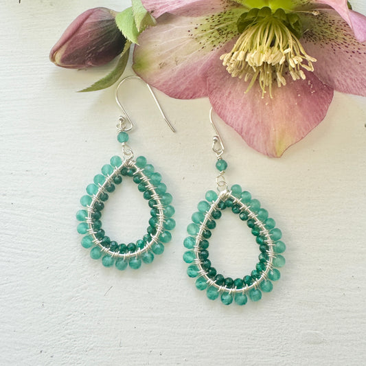 Mint Green Jade & Emerald Green Jade Double Beaded Midi Teardrop Earrings (Silver)