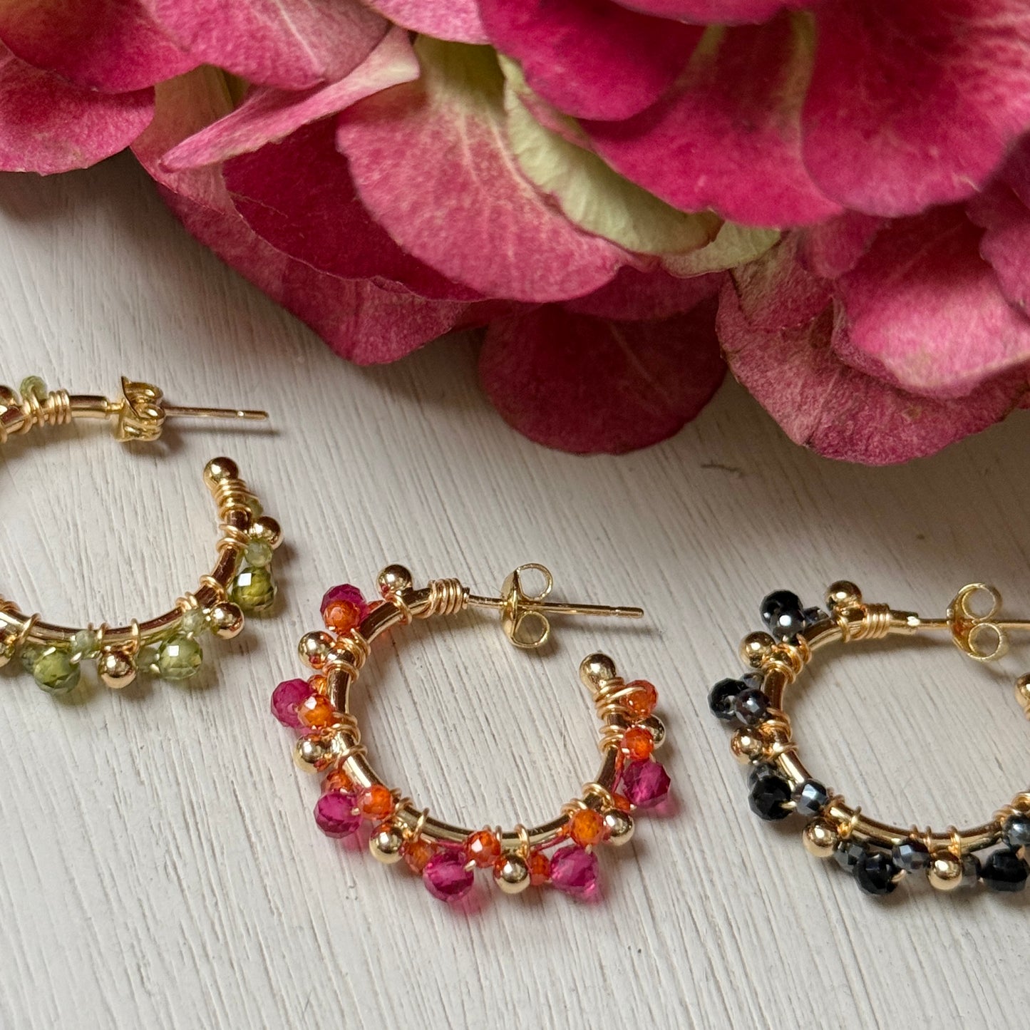 Olive Green Peridot Mini Bobble Hoop Beaded Earrings