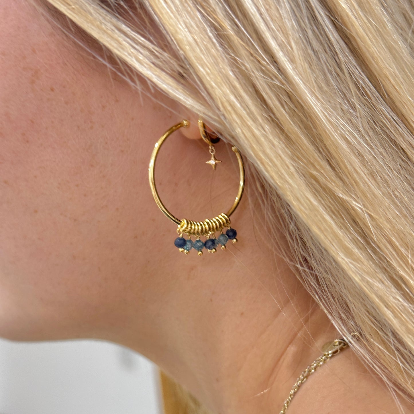 Pale Denim Blue Azurite & Dark Denim Iolite 7-Bead Midi Hoop Earrings