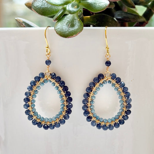 Dark Denim Iolite & Pale Denim Blue Azurite Double Beaded Midi Teardrop Earrings