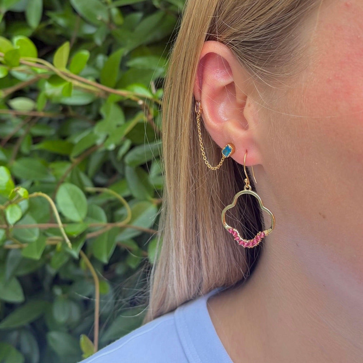 Fuchsia Pink Garnet Mini Clover Earrings