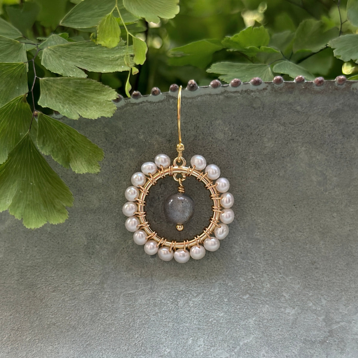 Freshwater Pearl Mini Round & Grey Labradorite Drop Beaded Earrings