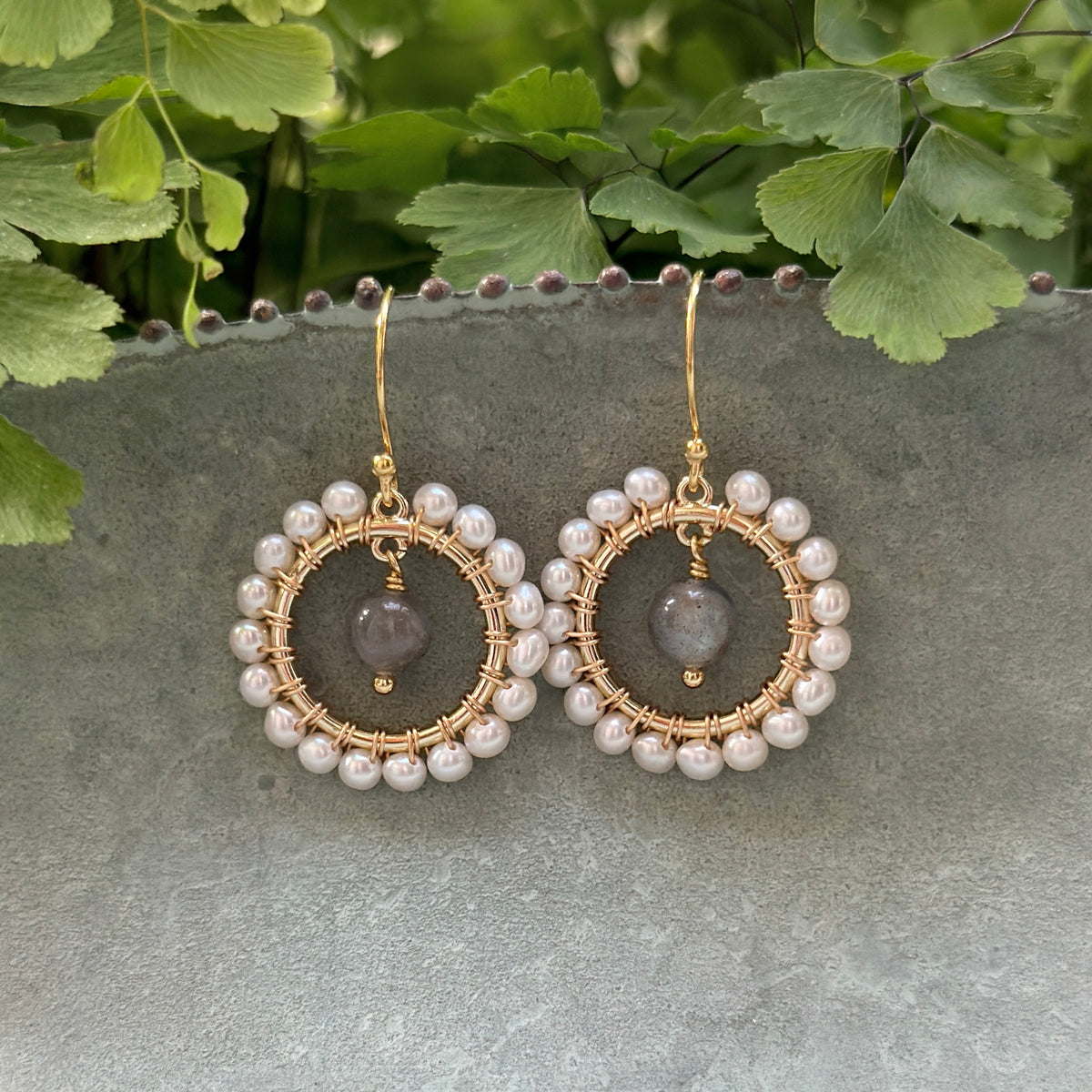 Freshwater Pearl Mini Round & Grey Labradorite Drop Beaded Earrings