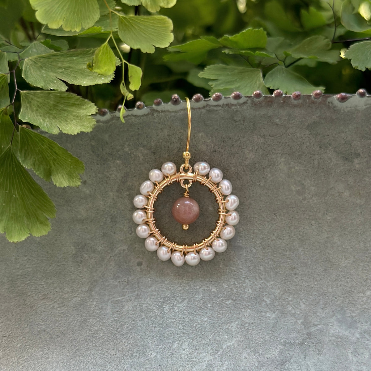 Freshwater Pearl Mini Round & Soft Peach Sunstone Drop Beaded Earrings