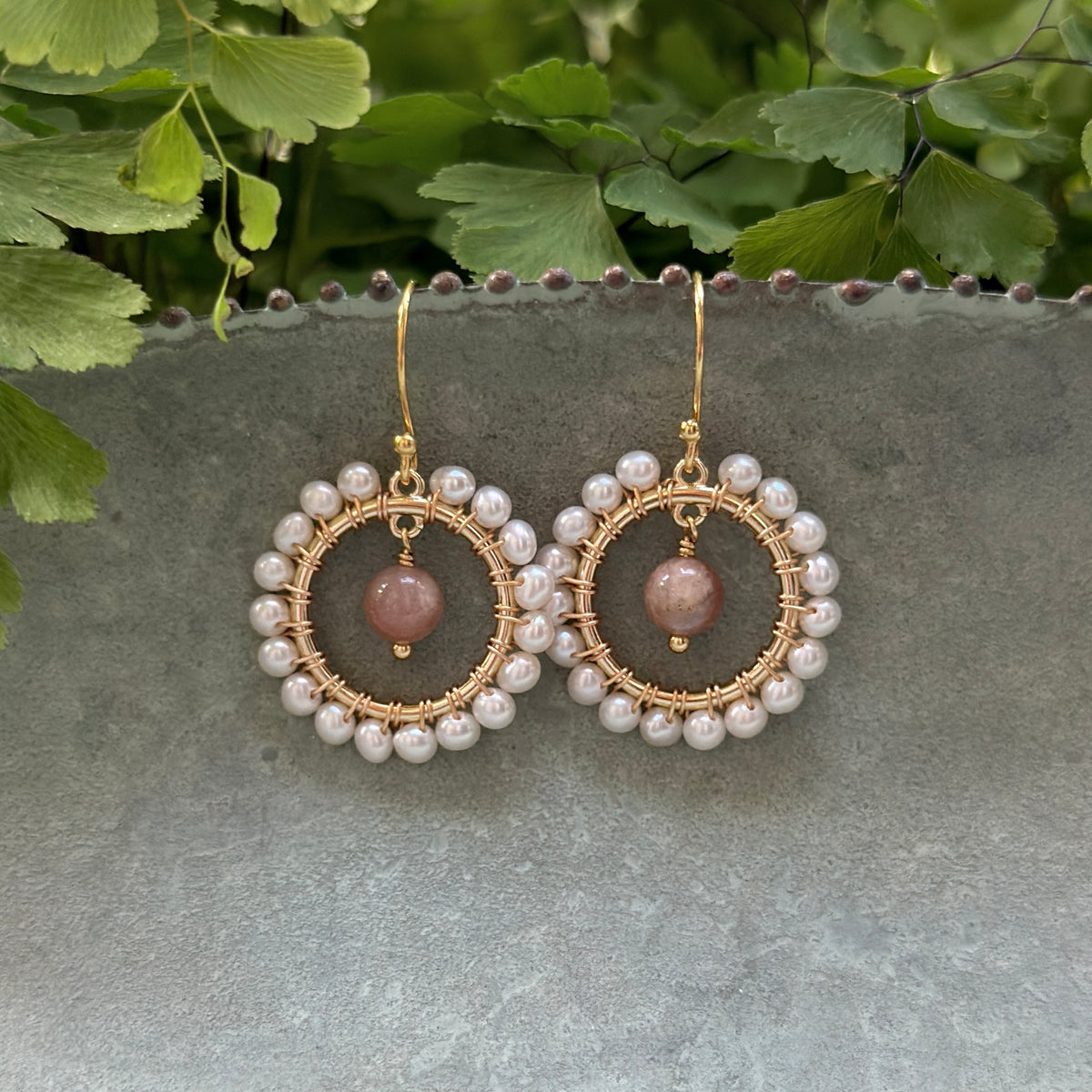Freshwater Pearl Mini Round & Soft Peach Sunstone Drop Beaded Earrings