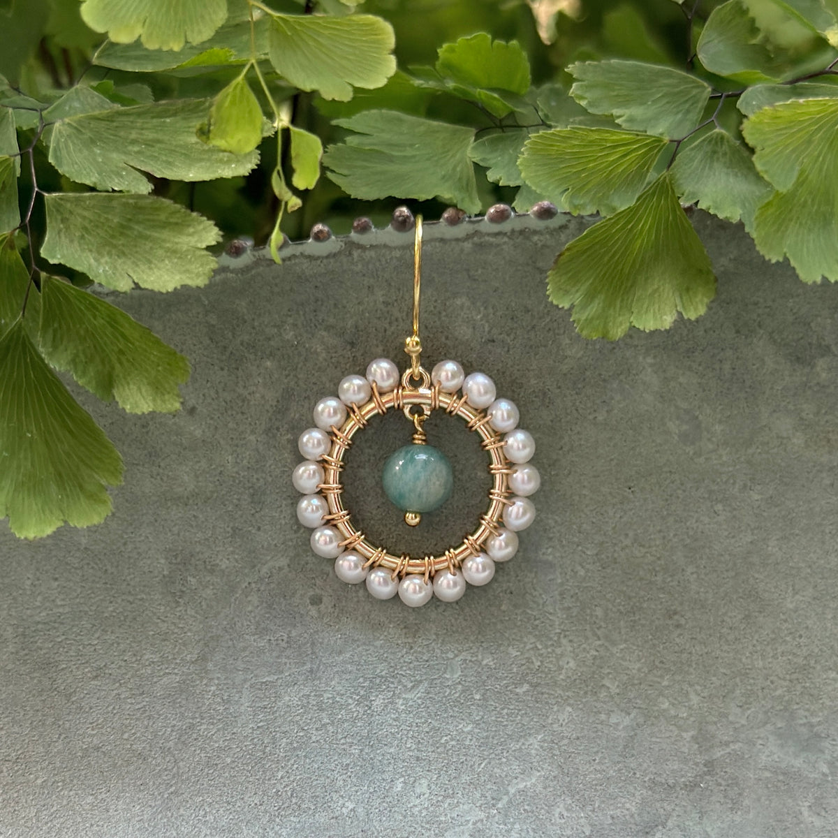 Freshwater Pearl Mini Round & Seafoam Amazonite Drop Beaded Earrings