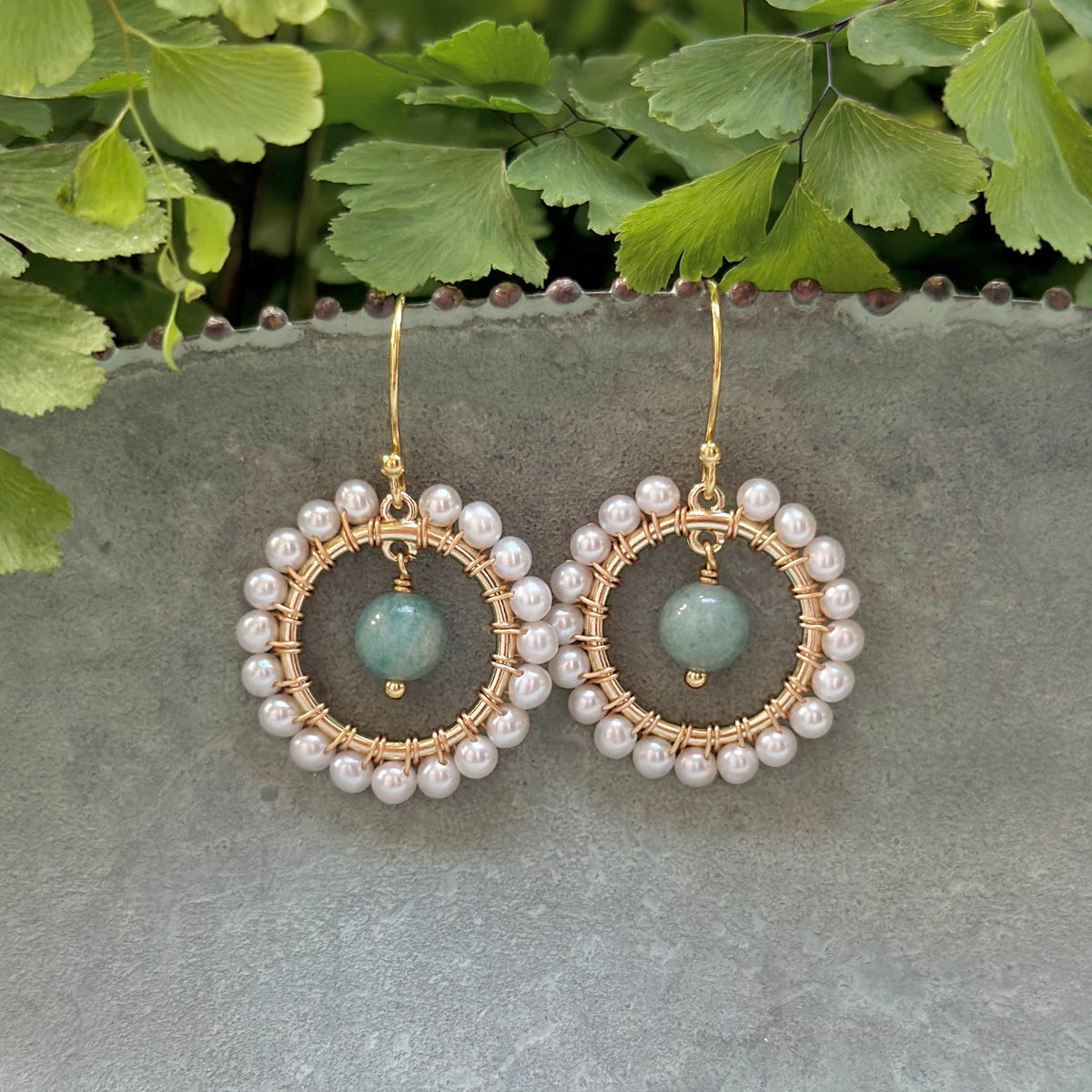 Freshwater Pearl Mini Round & Seafoam Amazonite Drop Beaded Earrings