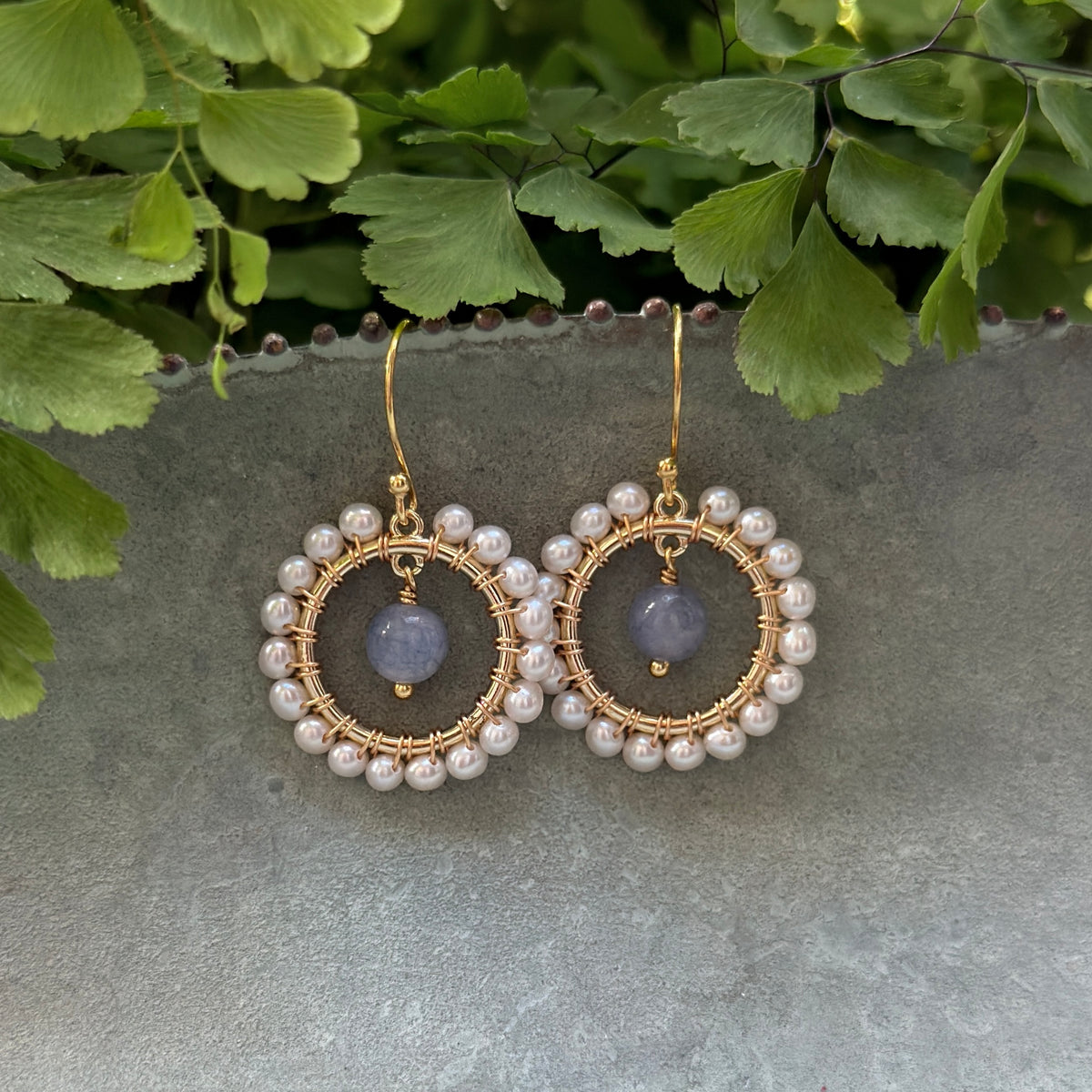 Freshwater Pearl Mini Round & Periwinkle Agate Drop Beaded Earrings