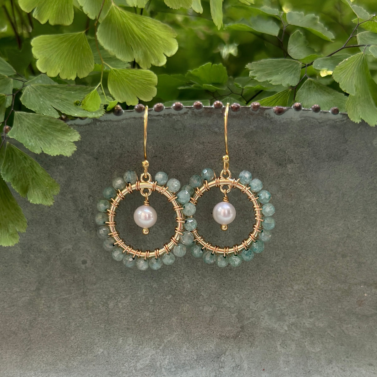Pale Green Aventurine Mini Round & Freshwater Pearl Drop Beaded Earrings