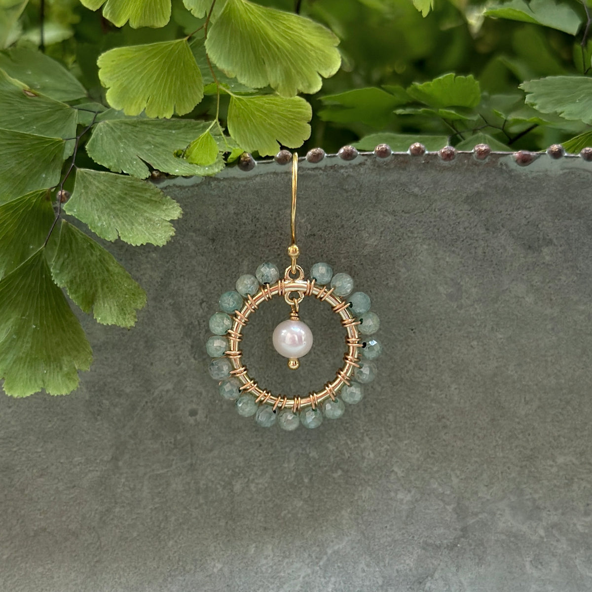 Pale Green Aventurine Mini Round & Freshwater Pearl Drop Beaded Earrings