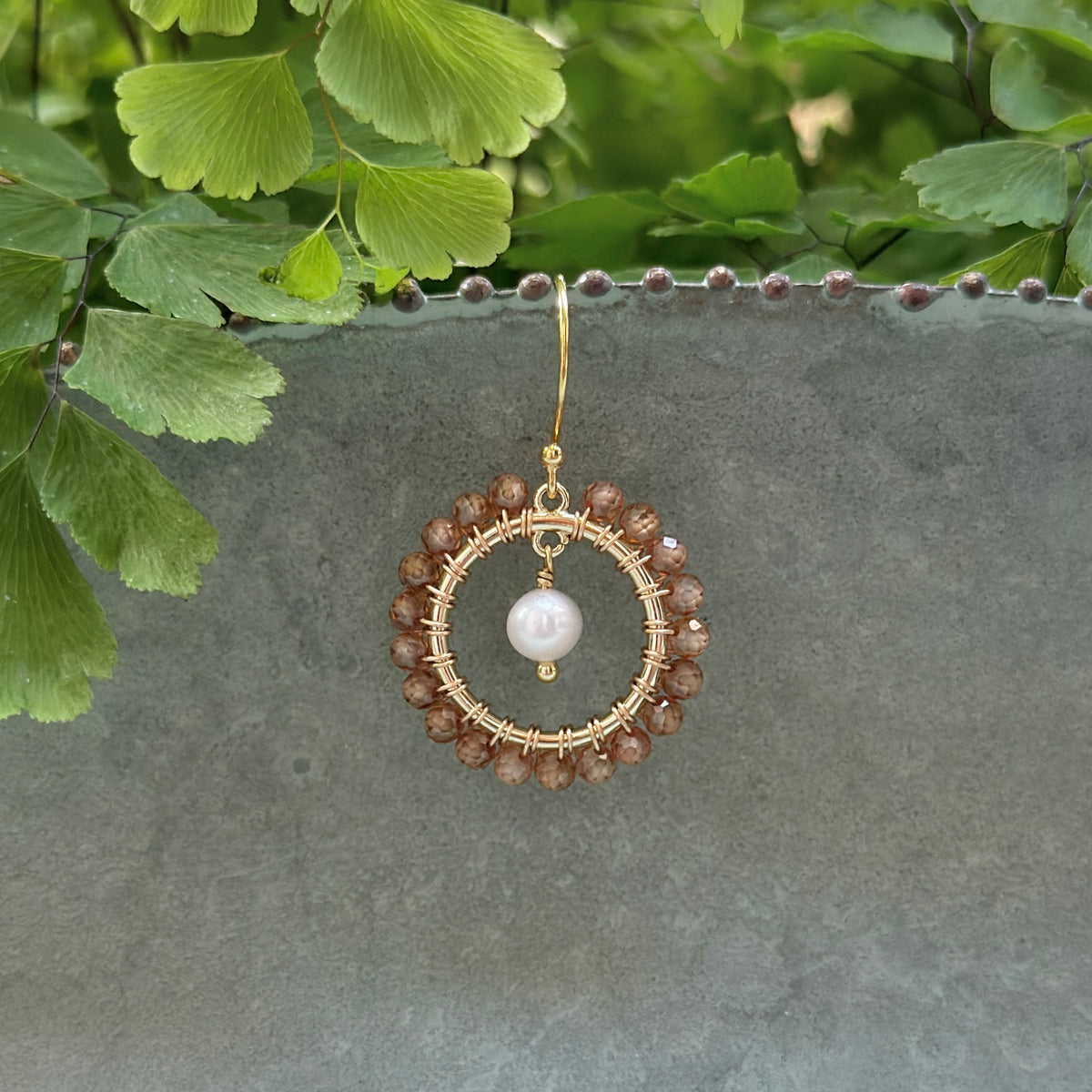 Champagne Quartz Mini Round & Freshwater Pearl Drop Beaded Earrings