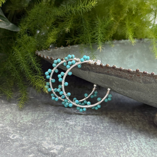 Turquoise Swirl Midi Hoop Beaded Earrings (Silver)