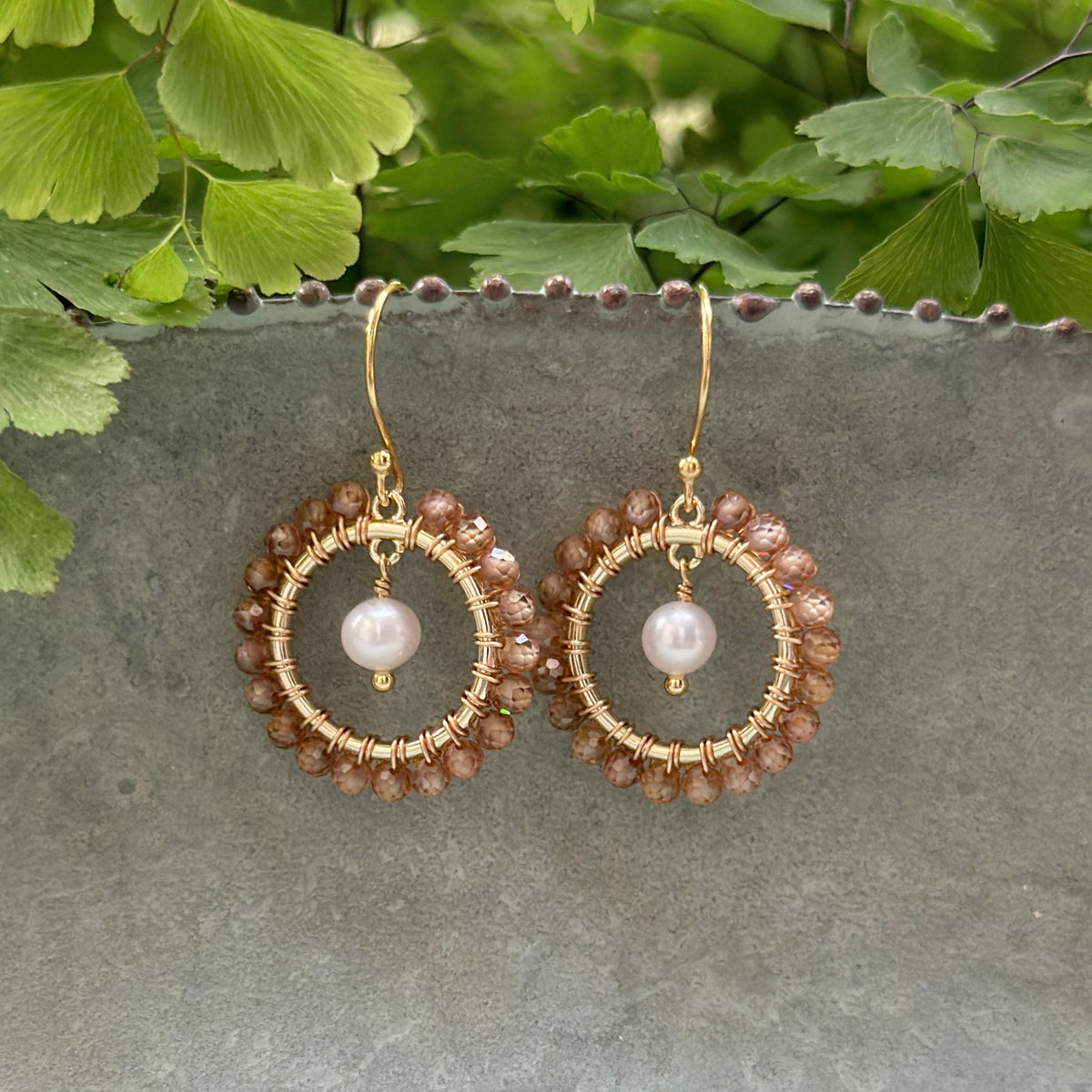 Champagne Quartz Mini Round & Freshwater Pearl Drop Beaded Earrings