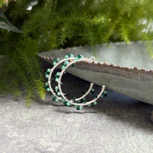 Emerald & Mint Green Jade Swirl Midi Hoop Beaded Earrings (Silver)