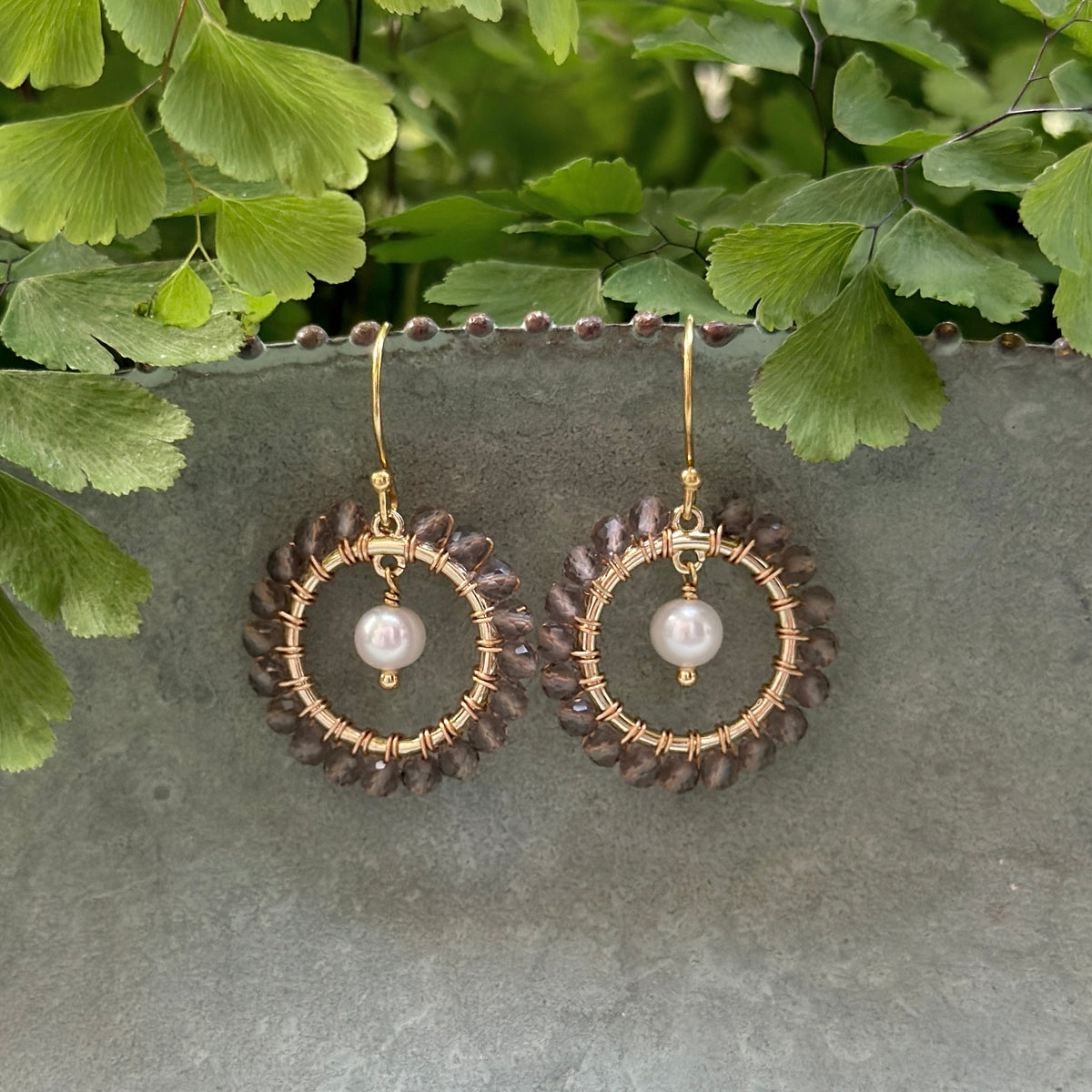 Taupe Agate Mini Round & Freshwater Pearl Drop Beaded Earrings