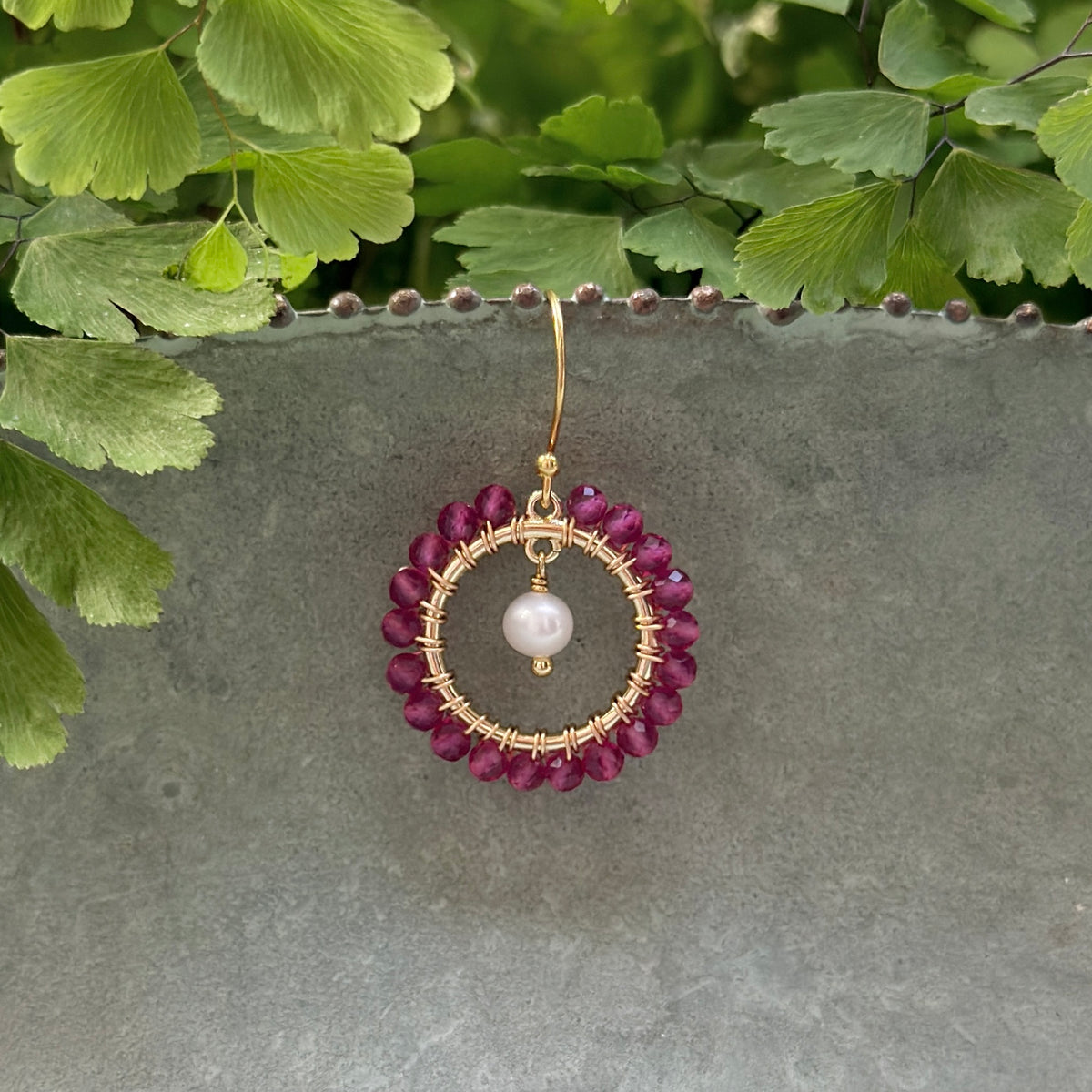 Fuchsia Pink Garnet Mini Round & Freshwater Pearl Drop Beaded Earrings