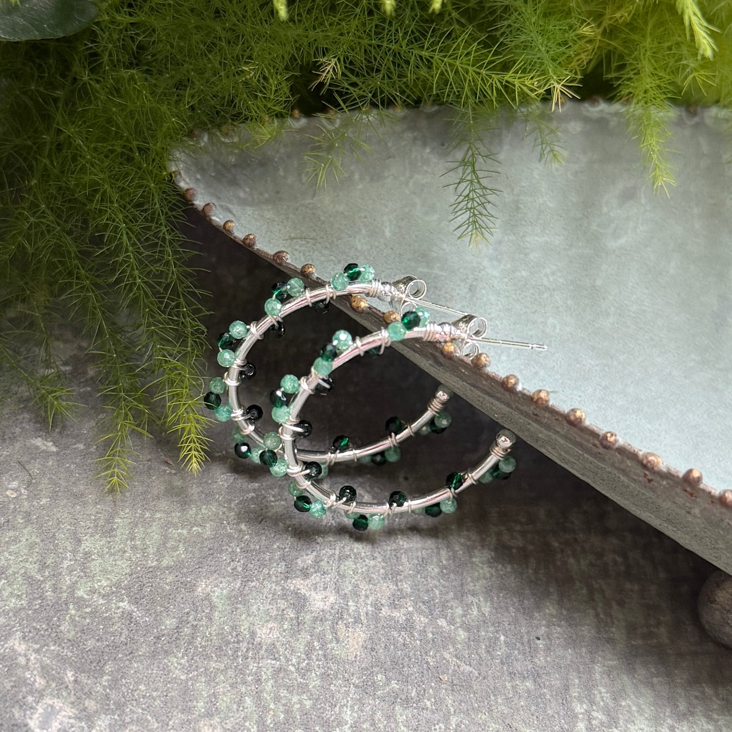 Emerald & Mint Green Jade Swirl Midi Hoop Beaded Earrings (Silver)