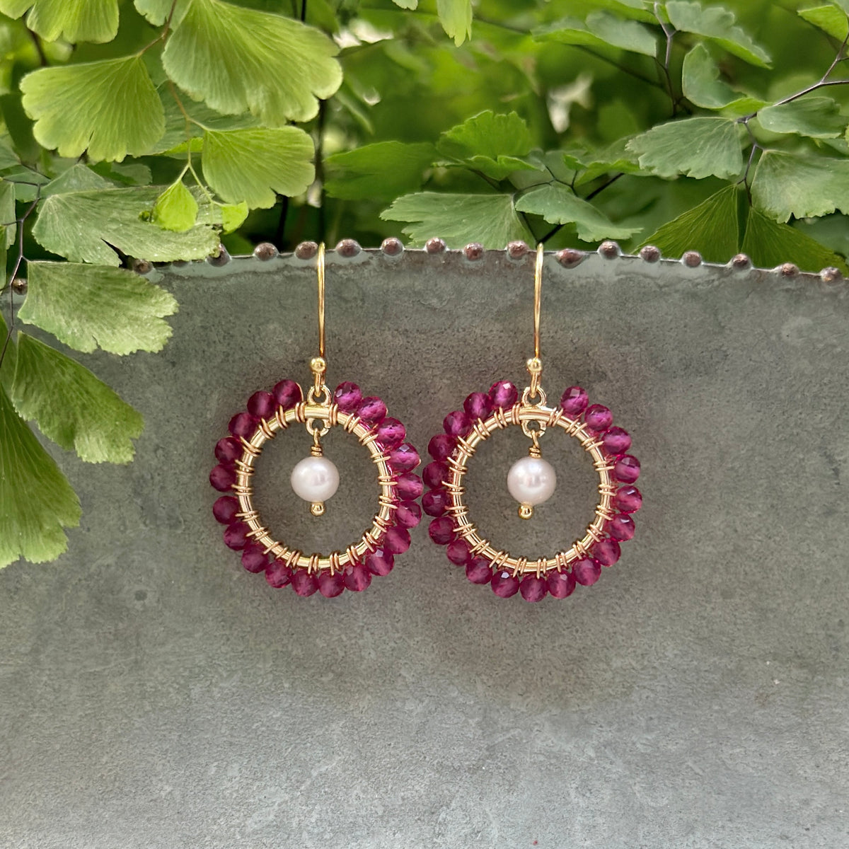 Fuchsia Pink Garnet Mini Round & Freshwater Pearl Drop Beaded Earrings