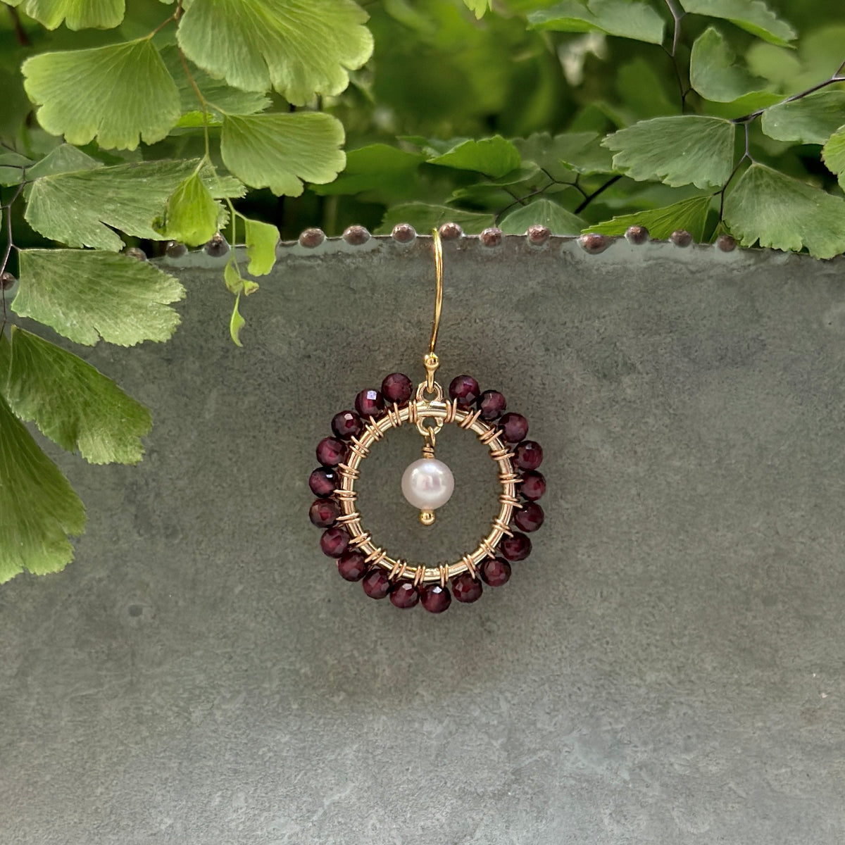 Burgundy Red Garnet Mini Round & Freshwater Pearl Mini Drop Beaded Earrings