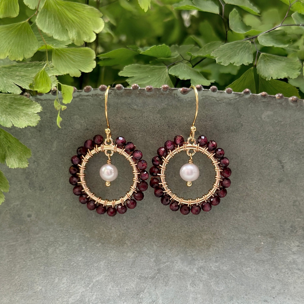Burgundy Red Garnet Mini Round & Freshwater Pearl Mini Drop Beaded Earrings