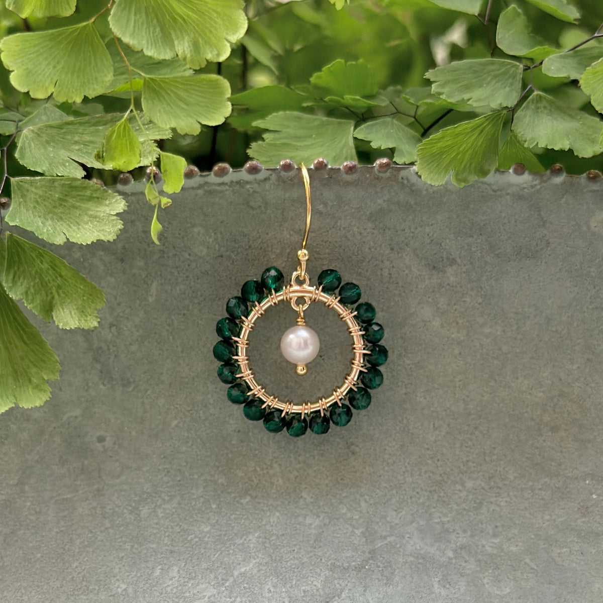 Emerald Green Jade Mini Round & Freshwater Pearl Drop Beaded Earrings