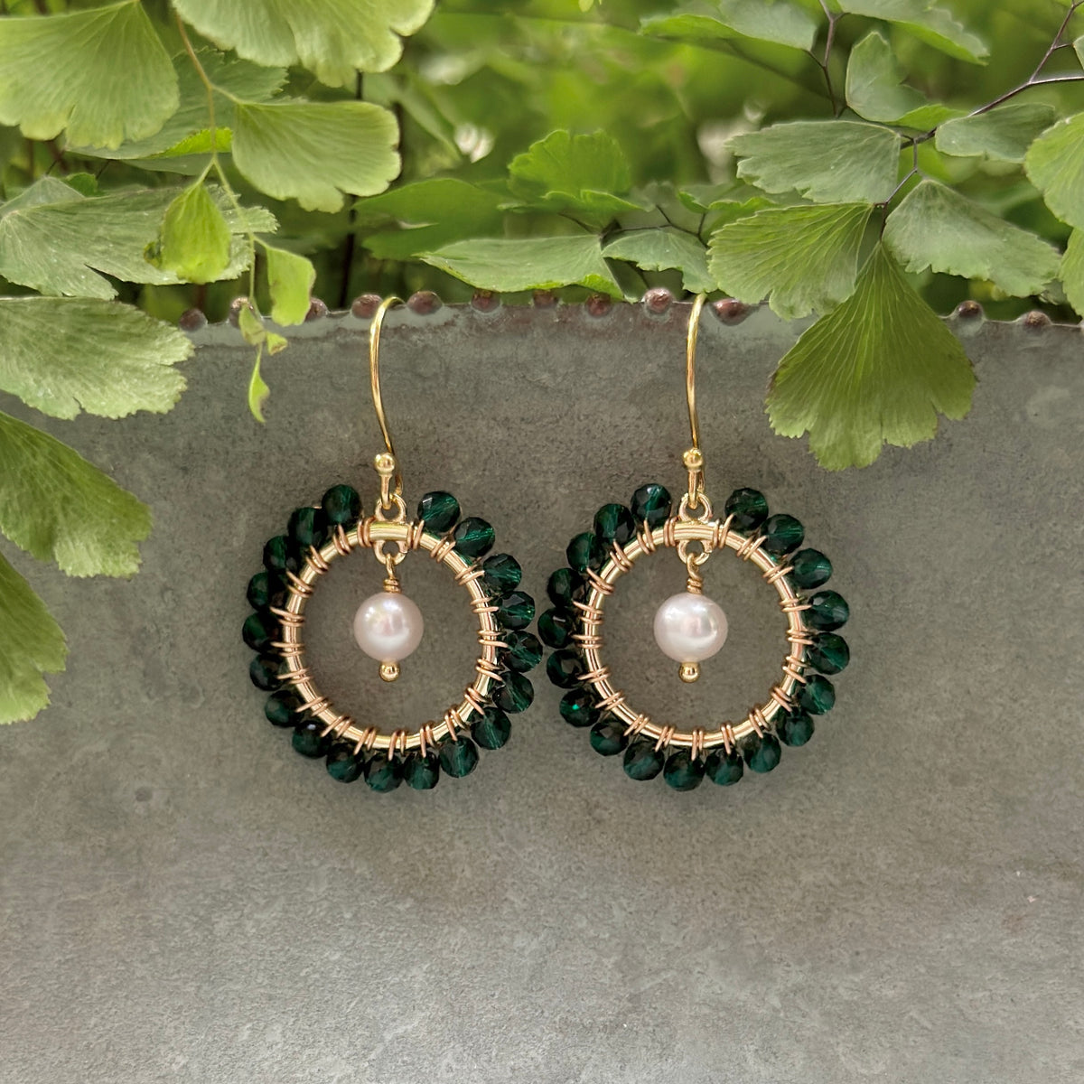 Emerald Green Jade Mini Round & Freshwater Pearl Drop Beaded Earrings