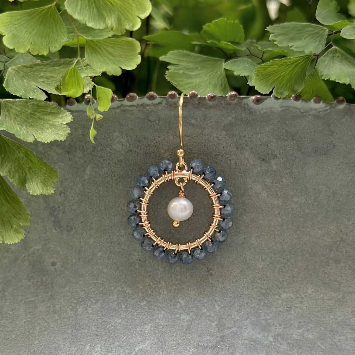 Airforce Blue Quartz Mini Round & Freshwater Pearl Drop Beaded Earrings