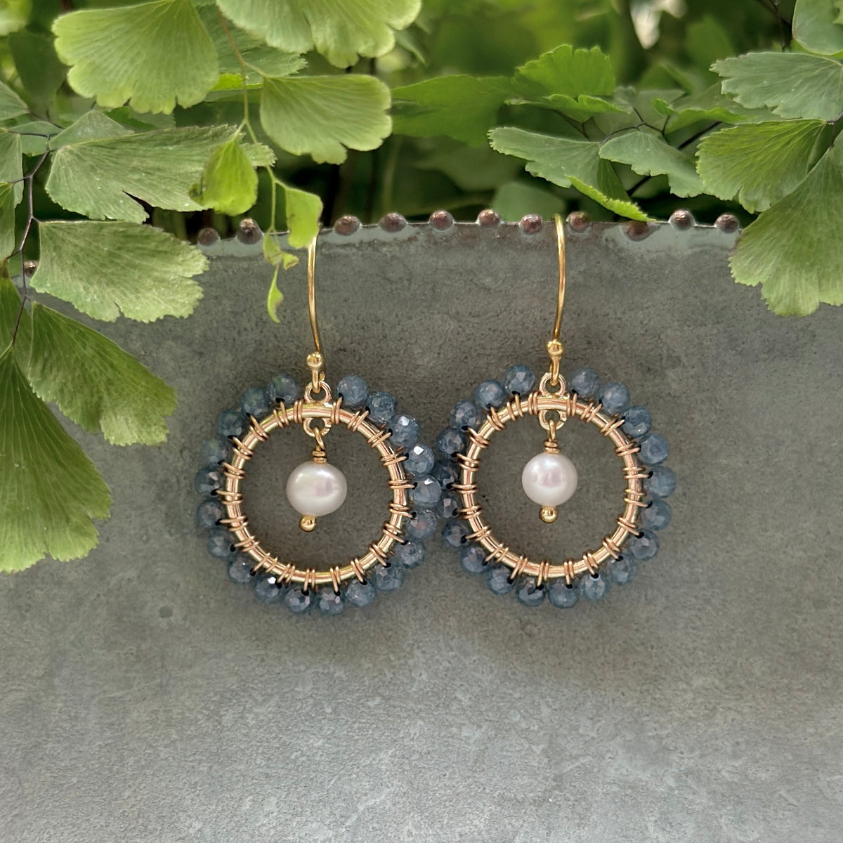 Airforce Blue Quartz Mini Round & Freshwater Pearl Drop Beaded Earrings