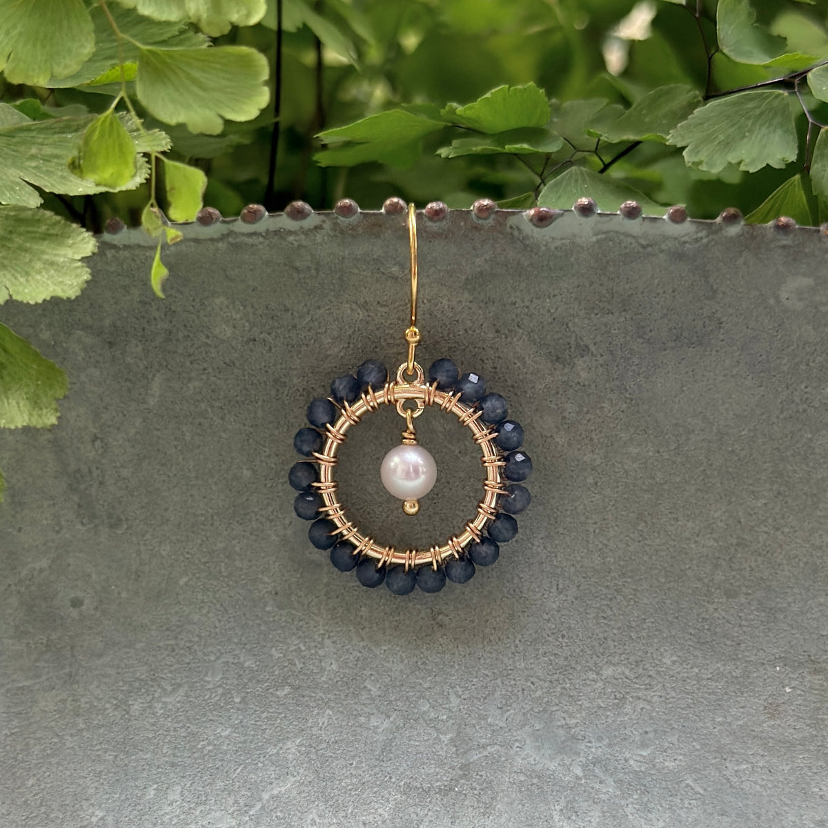 Denim Blue Iolite Mini Round & Freshwater Pearl Drop Beaded Earrings