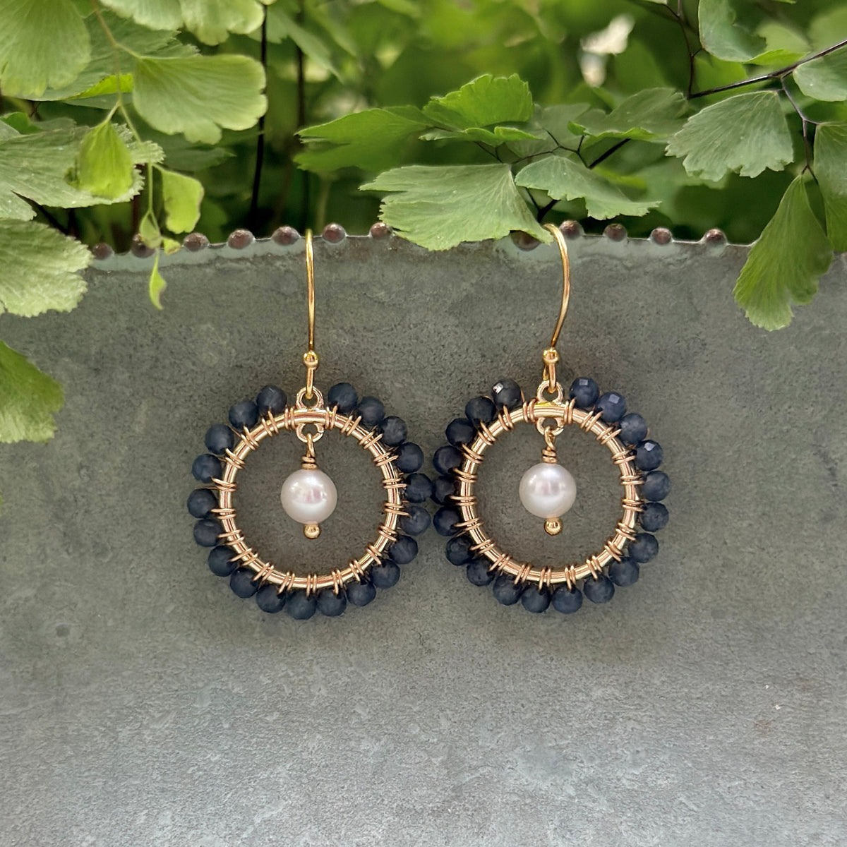 Denim Blue Iolite Mini Round & Freshwater Pearl Drop Beaded Earrings