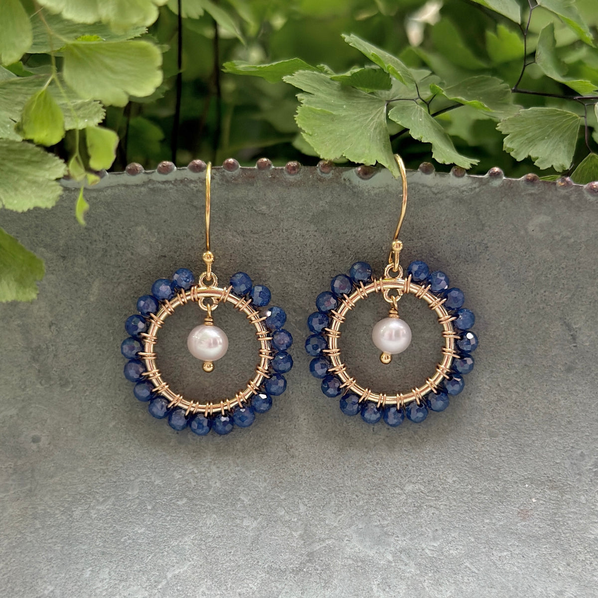 Royal Blue Azurite Mini Round & Freshwater Pearl Drop Beaded Earrings