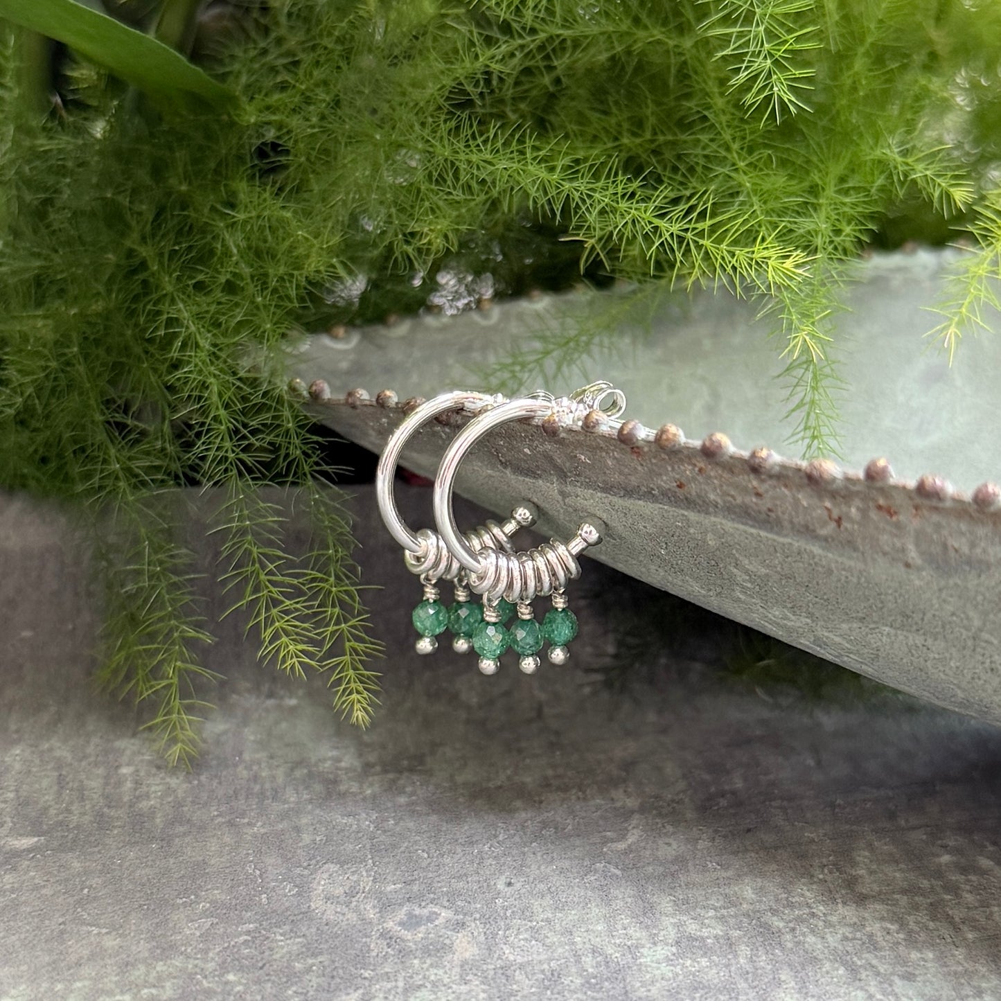 Dark Mint Green Jade 3-Bead Mini Hoop Earrings (Silver)