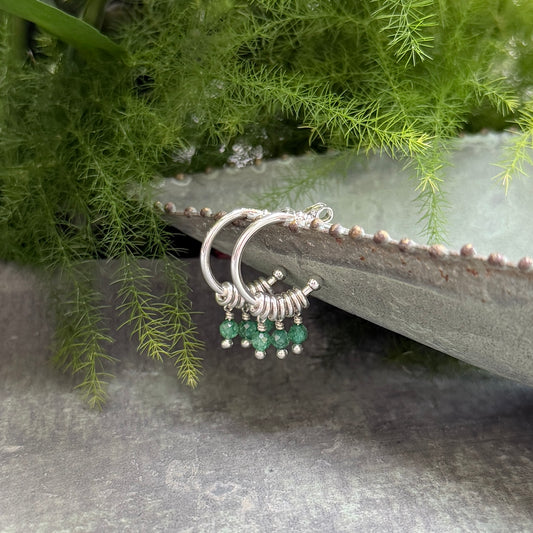 Dark Mint Green Jade 3-Bead Mini Hoop Earrings (Silver)