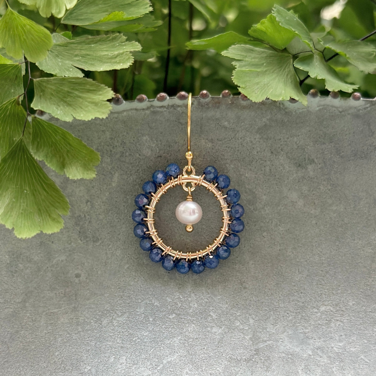 Royal Blue Azurite Mini Round & Freshwater Pearl Drop Beaded Earrings