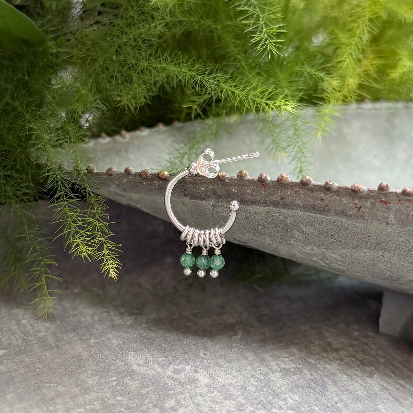 Dark Mint Green Jade 3-Bead Mini Hoop Earrings (Silver)